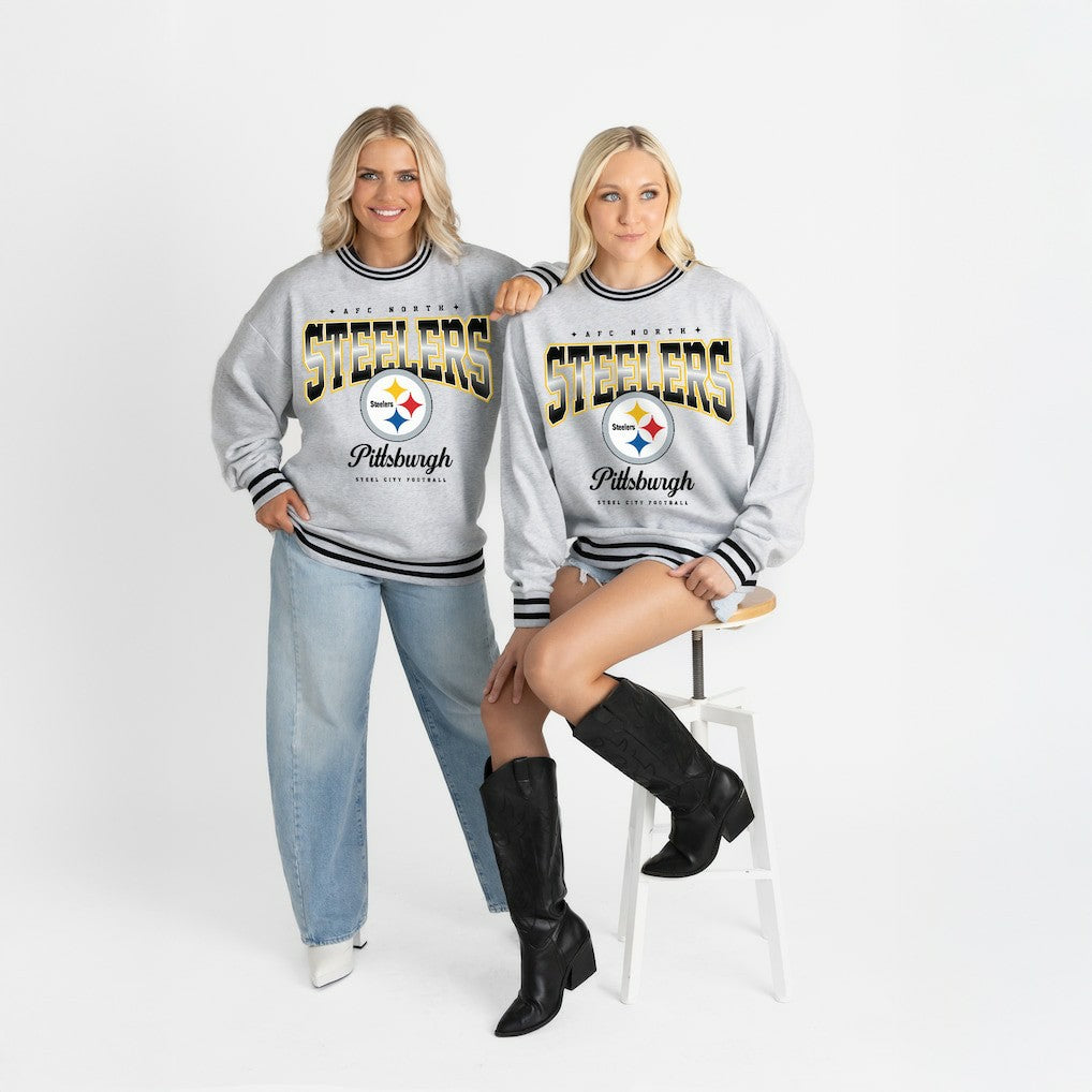 Pittsburgh Steelers Gameday Couture Women's Oversized Gridiron Drive Ringer Stripe Sweatshirt - Ash/Black - NFL
