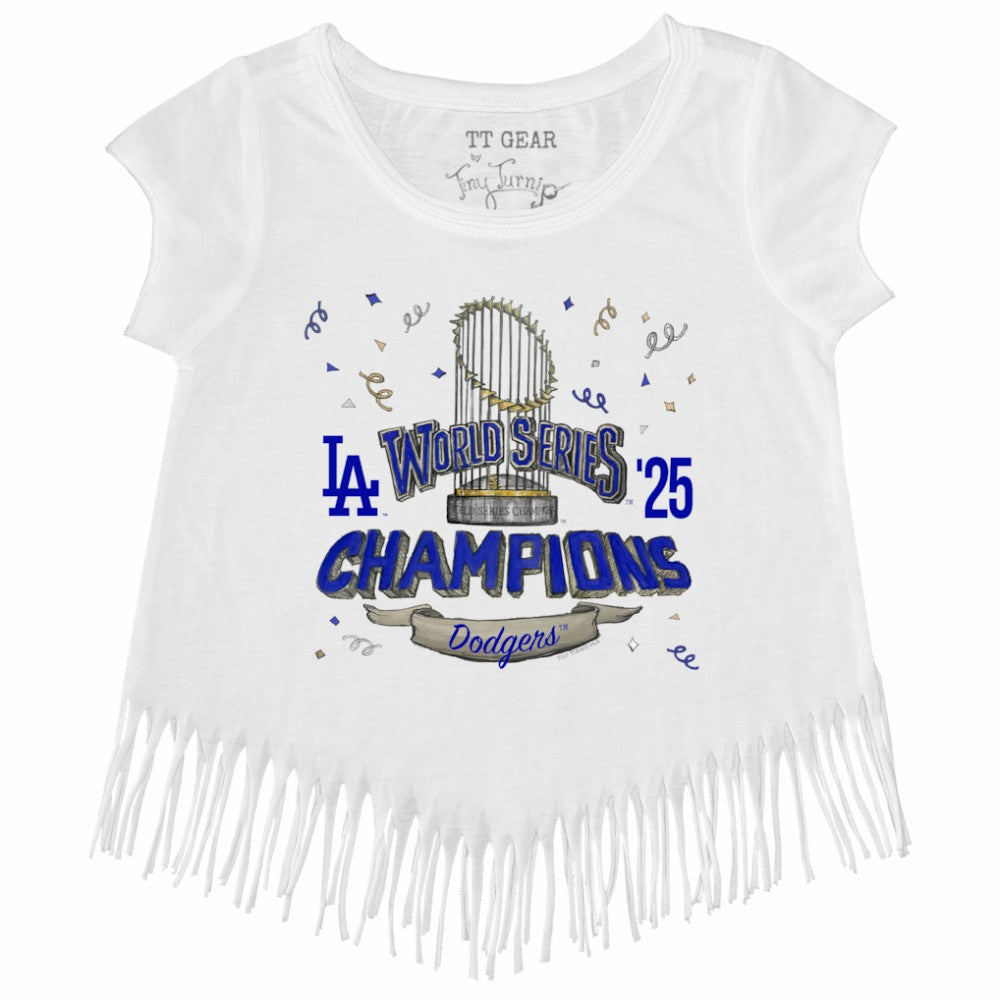 Los Angeles Dodgers Tiny Turnip Girls Youth 2025 World Series Champions Parade Fringe T-Shirt Outlet