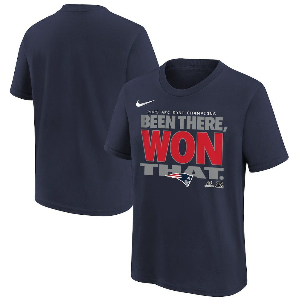 New England Patriots Youth 2025 AFC East Division Champions Locker Room Trophy Collection T-Shirt - Navy - Nike