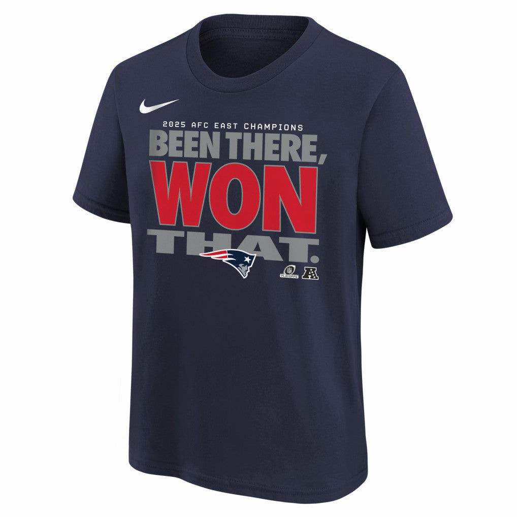 New England Patriots Youth 2025 AFC East Division Champions Locker Room Trophy Collection T-Shirt - Navy - Nike