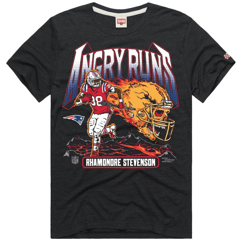 Rhamondre Stevenson New England Patriots Homage Unisex Angry Runs Player Graphic Tri-Blend T-Shirt - Charcoal - NFL