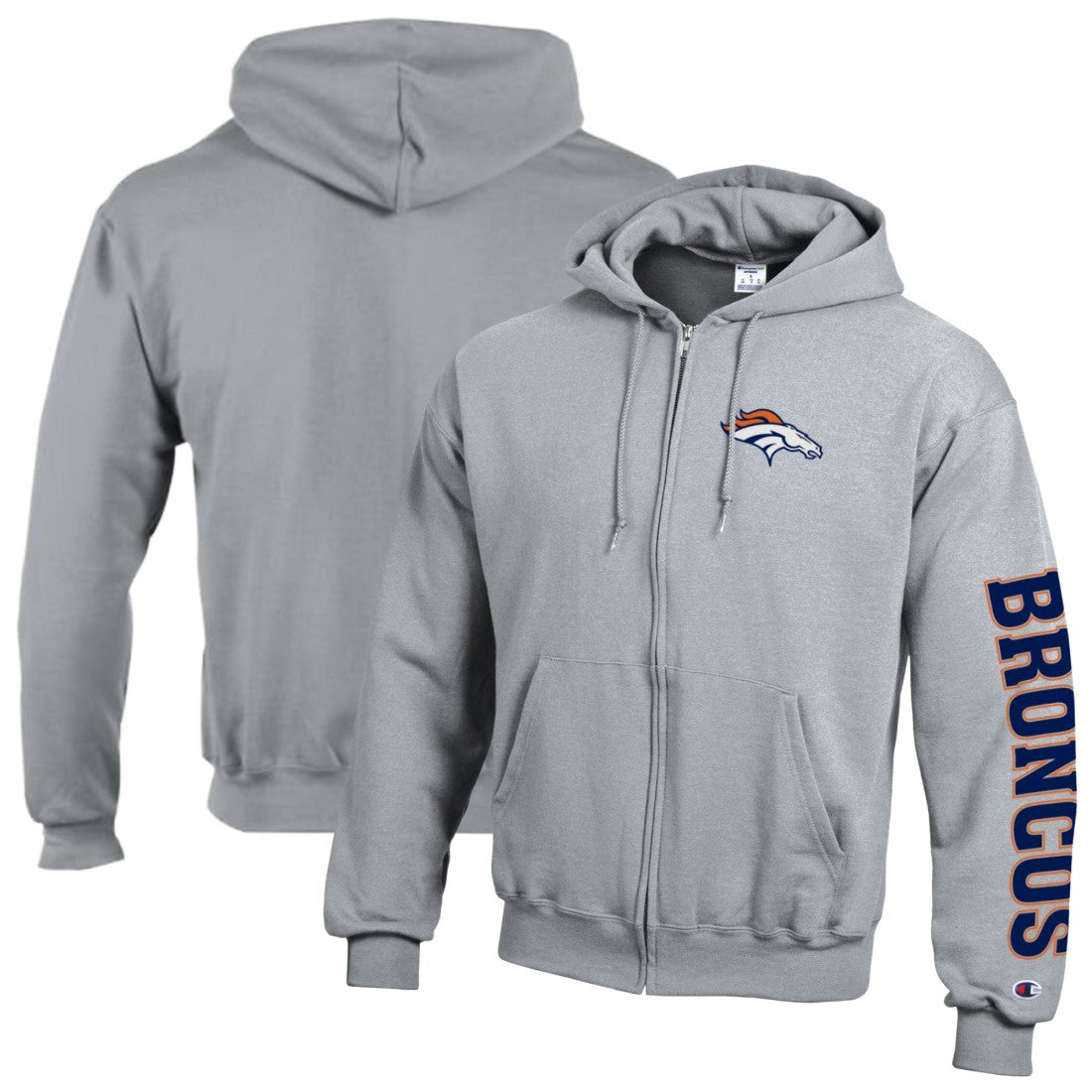 Denver Broncos Champion Powerblend Fleece Full-Zip Hoodie - Heather Gray - NFL