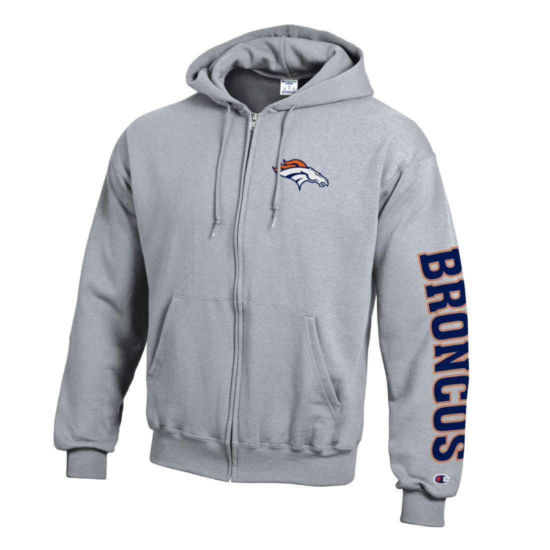 Denver Broncos Champion Powerblend Fleece Full-Zip Hoodie - Heather Gray - NFL