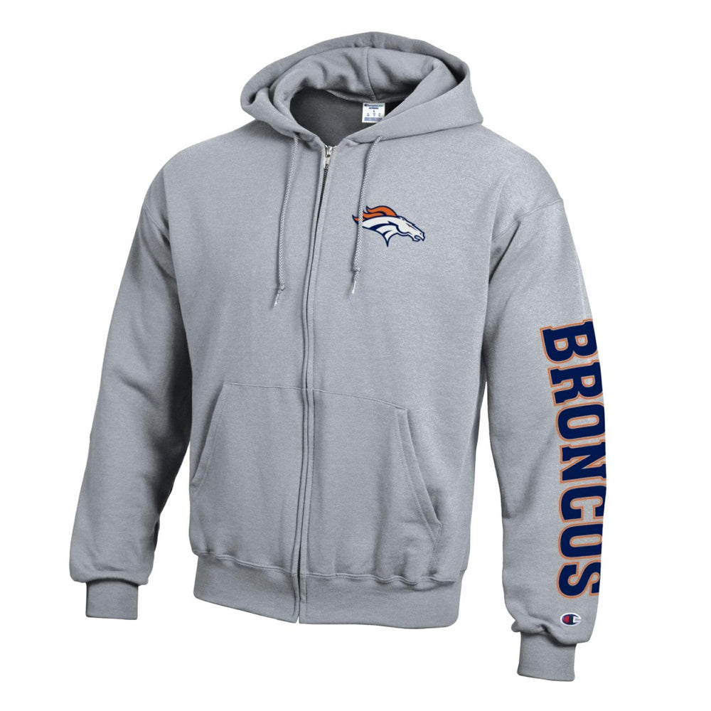 Denver Broncos Champion Powerblend Fleece Full-Zip Hoodie - Heather Gray - NFL