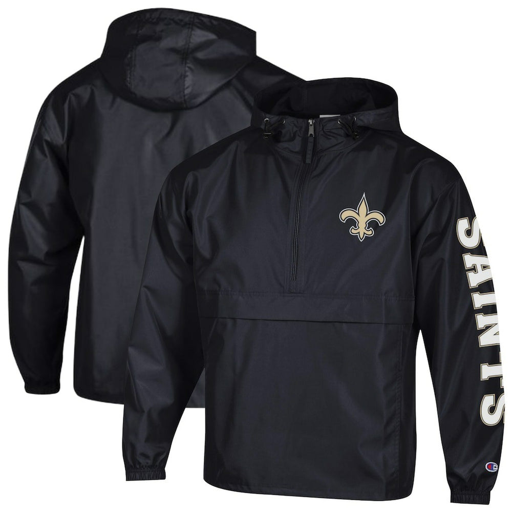 New Orleans Saints Champion Packable Windbreaker Half-Zip Jacket - Black - NFL