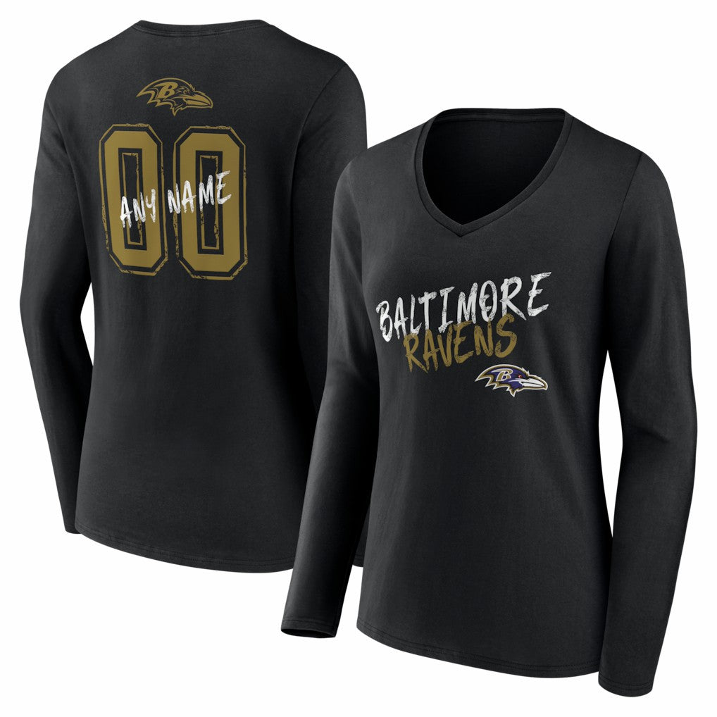 Baltimore Ravens Women's Hustle Personalized Name & Number Long Sleeve V-Neck T-Shirt - Black - NFL