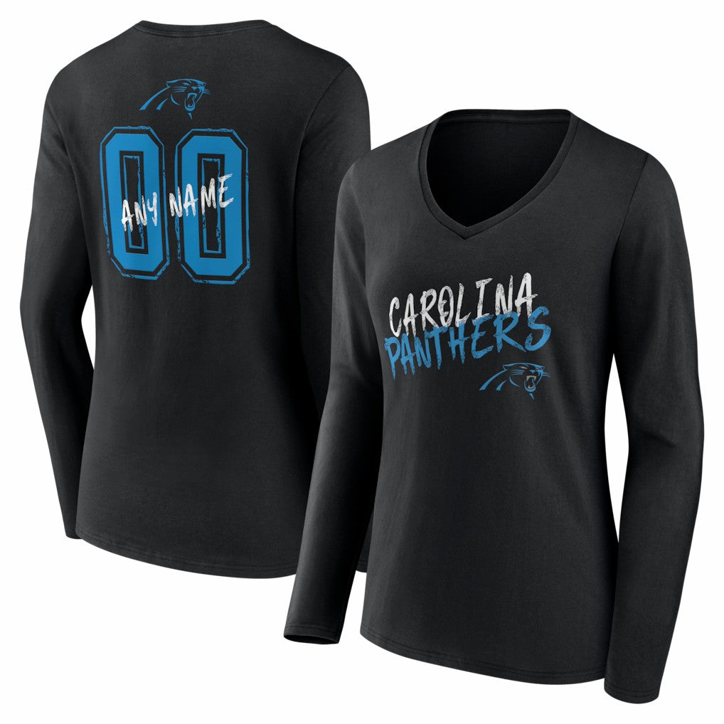 Carolina Panthers Women's Hustle Personalized Name & Number Long Sleeve V-Neck T-Shirt - Black - NFL