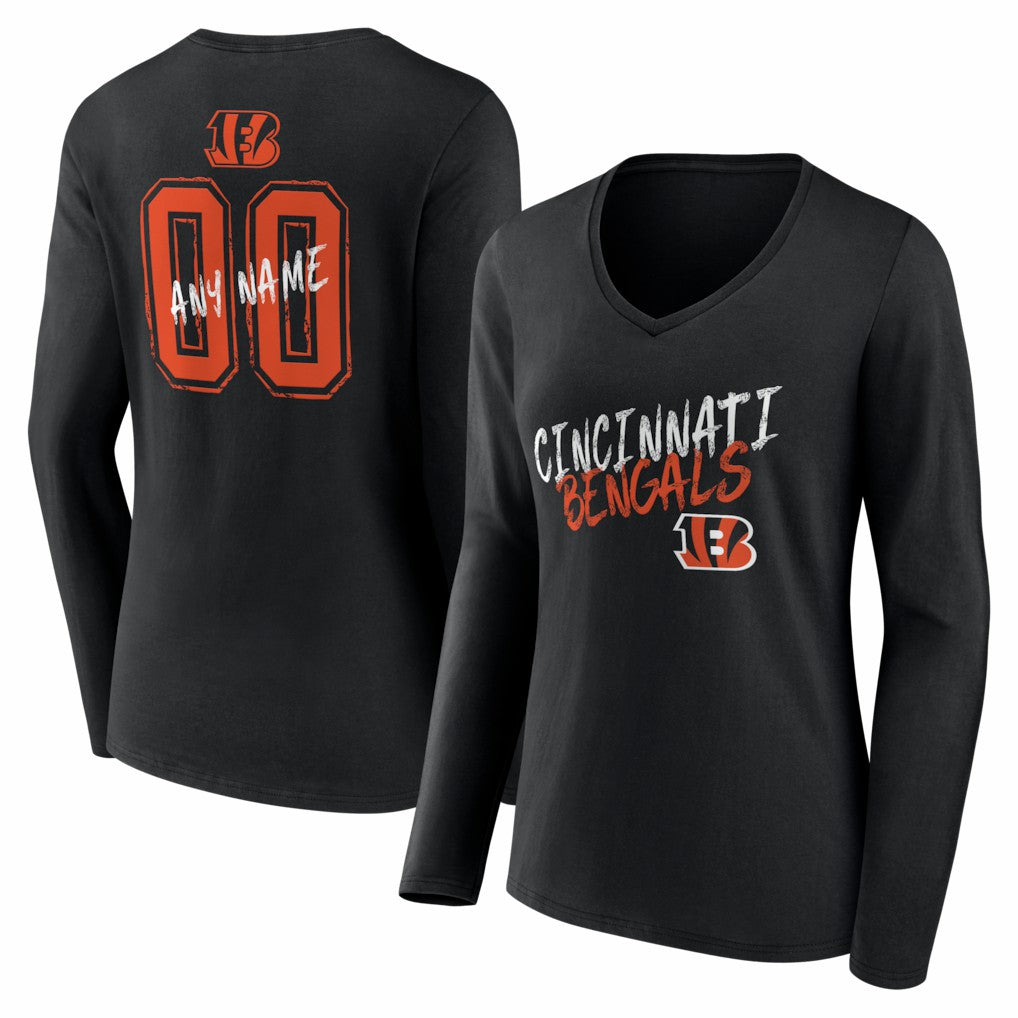 Cincinnati Bengals Women's Hustle Personalized Name & Number Long Sleeve V-Neck T-Shirt - Black - NFL