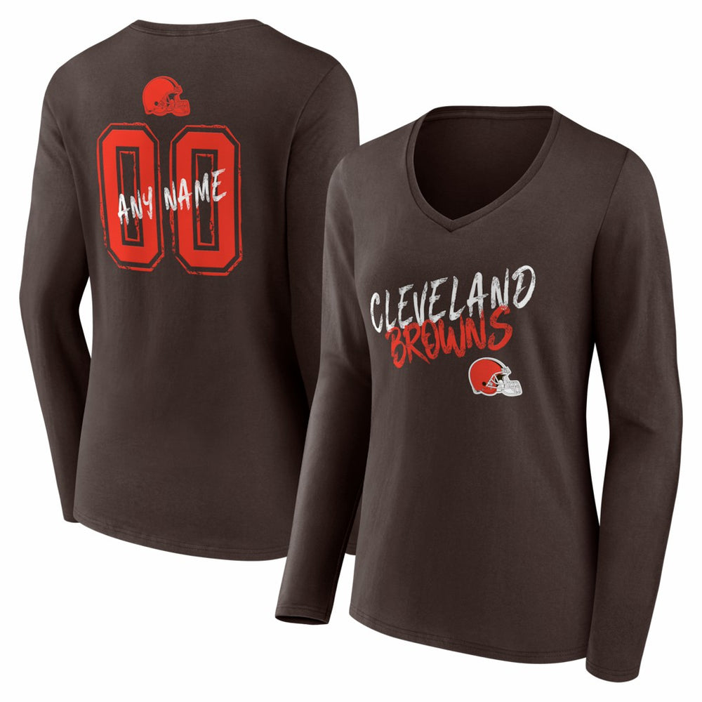 Cleveland Browns Women's Hustle Personalized Name & Number Long Sleeve V-Neck T-Shirt - Brown - NFL