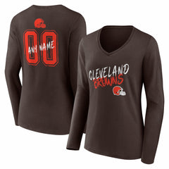 Cleveland Browns Women's Hustle Personalized Name & Number Long Sleeve V-Neck T-Shirt - Brown - NFL