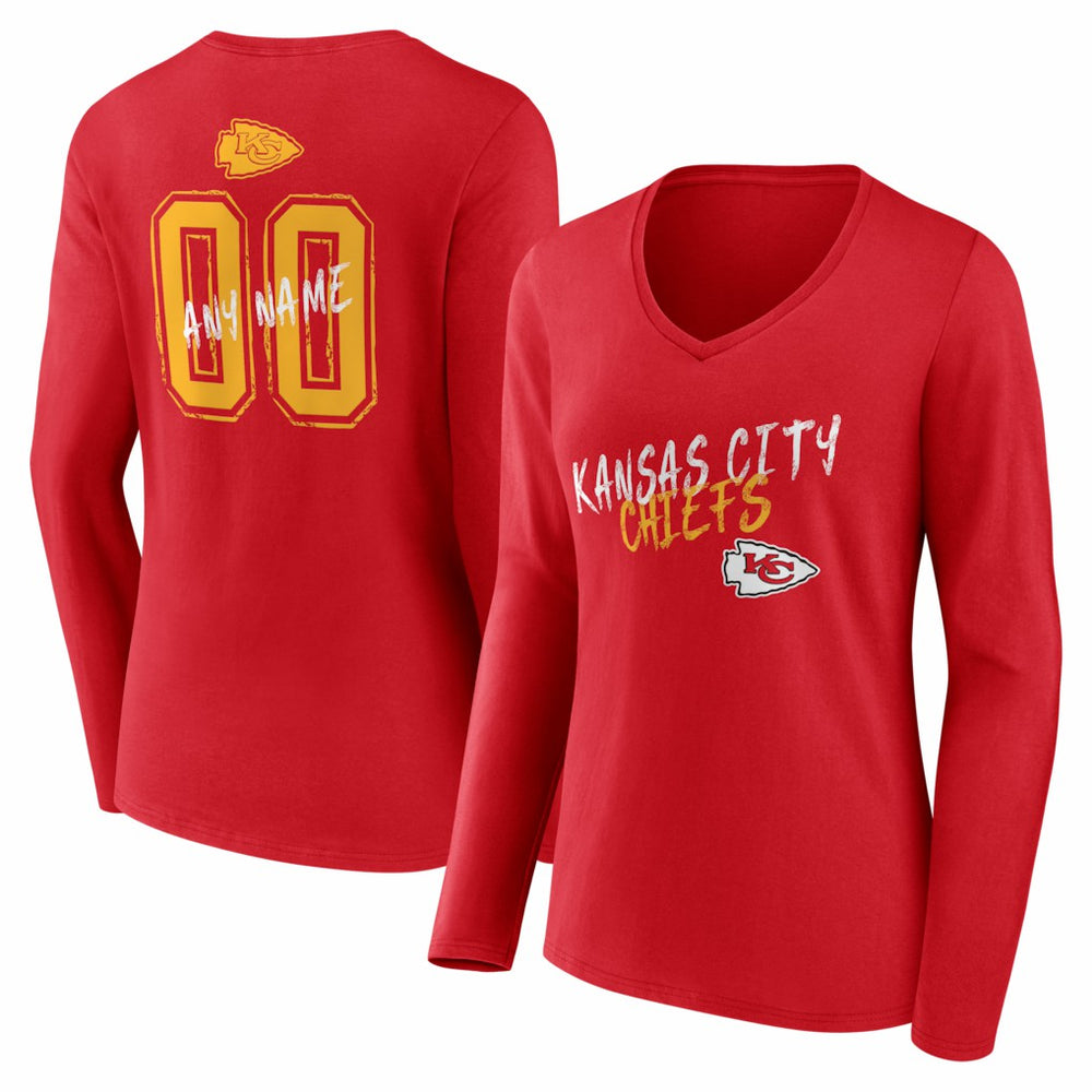 Kansas City Chiefs Women's Hustle Personalized Name & Number Long Sleeve V-Neck T-Shirt - Red - NFL