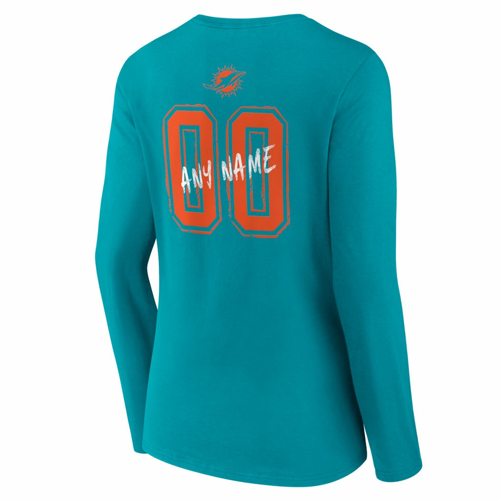 Miami Dolphins Women's Hustle Personalized Name & Number Long Sleeve V-Neck T-Shirt - Aqua - NFL