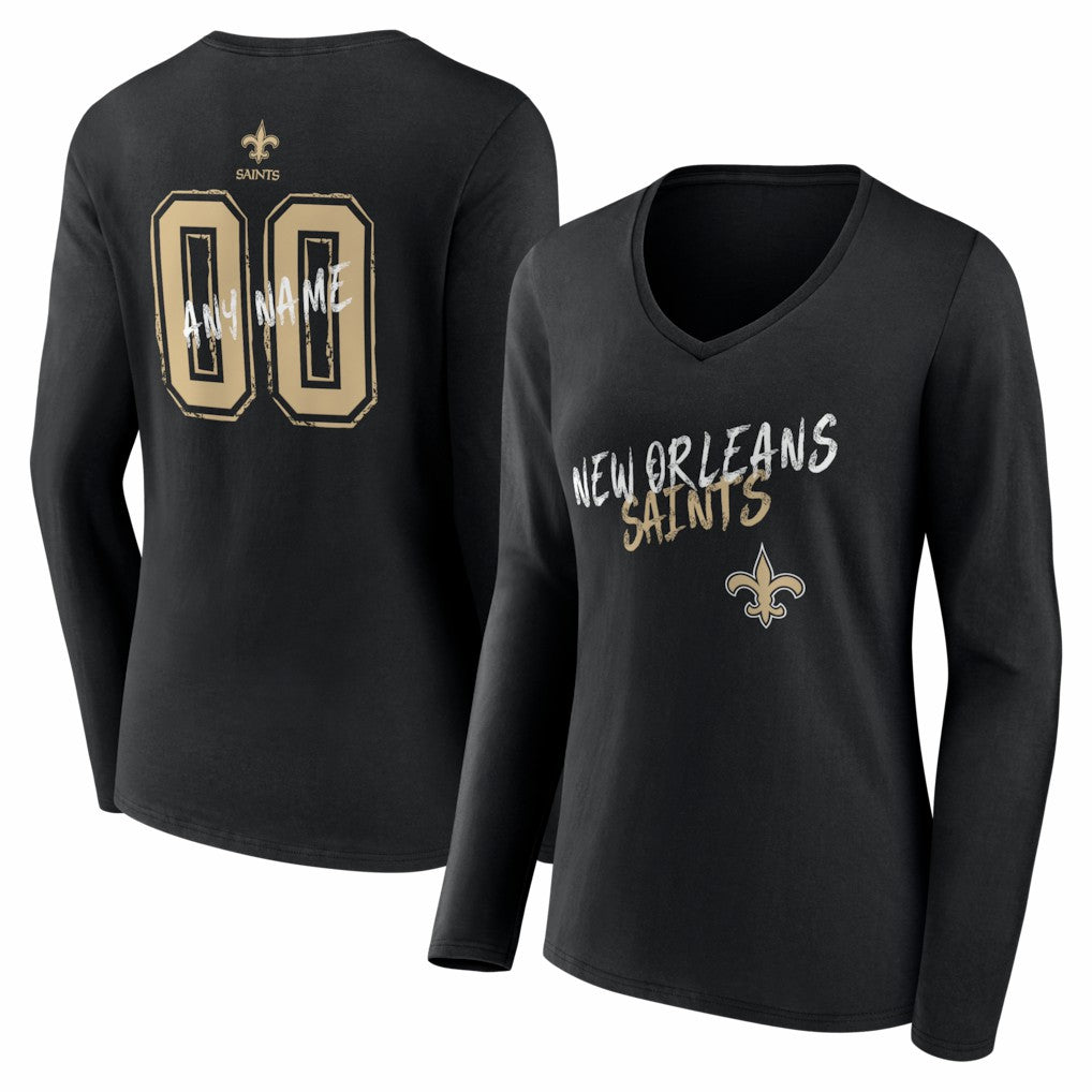 New Orleans Saints Women's Hustle Personalized Name & Number Long Sleeve V-Neck T-Shirt - Black - NFL
