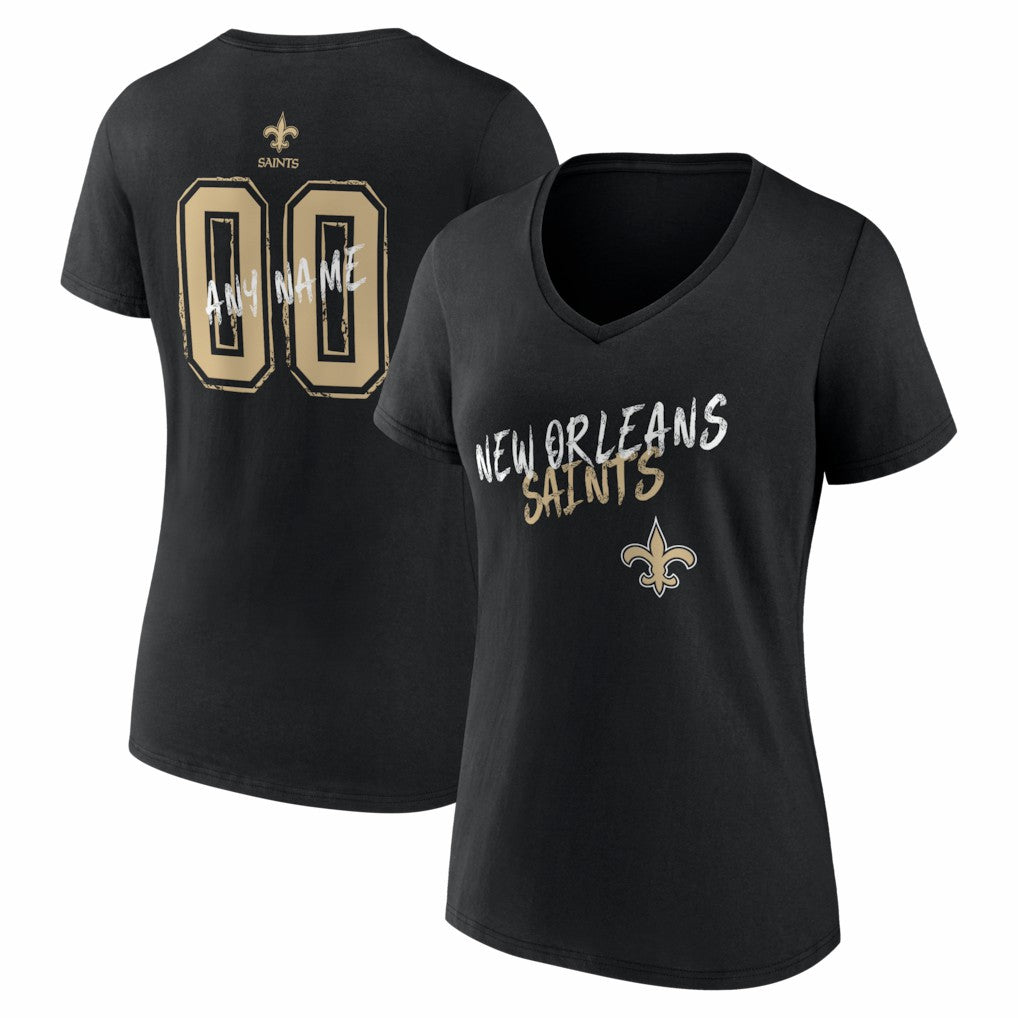 New Orleans Saints Women's Hustle Personalized Name & Number V-Neck T-Shirt - Black - NFL
