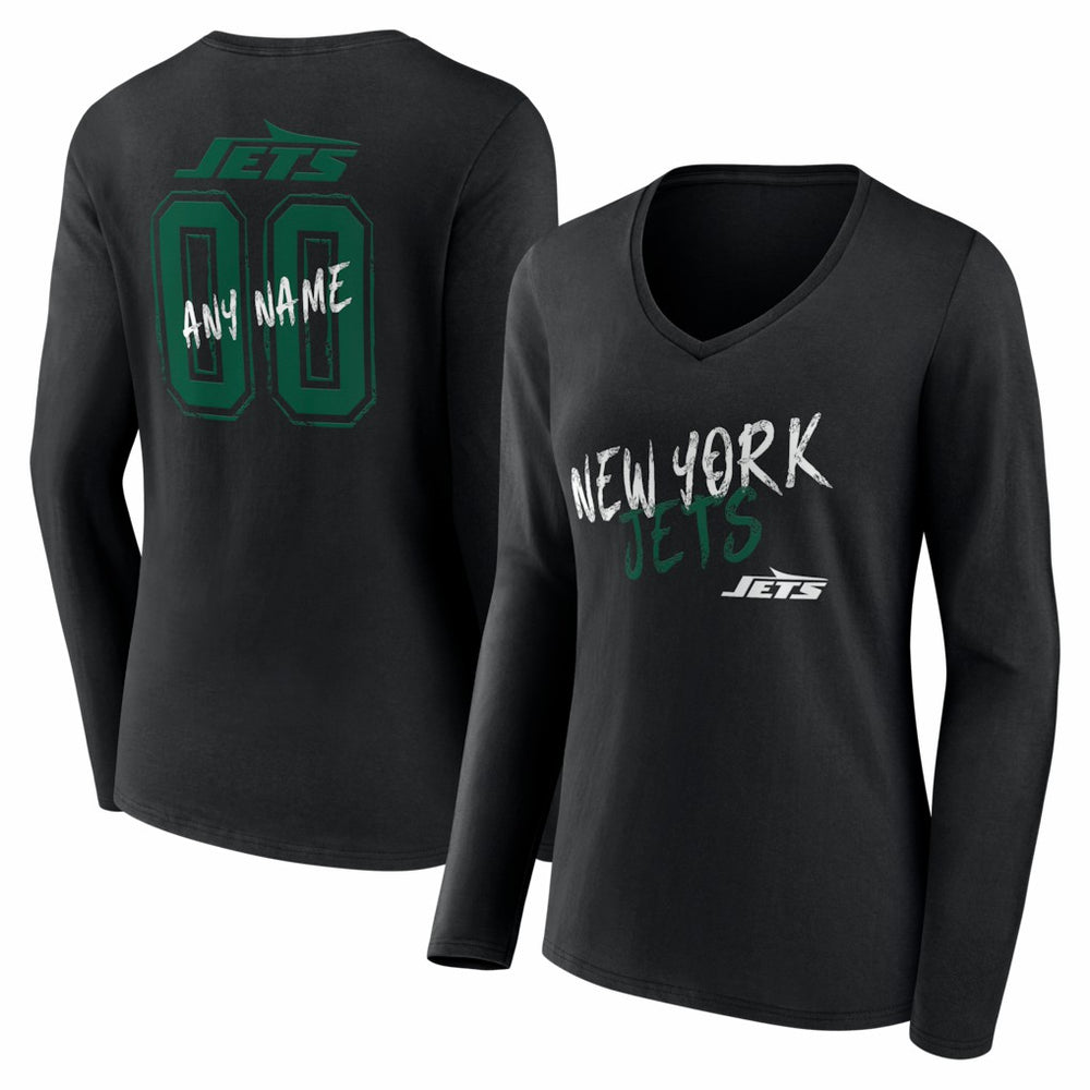New York Jets Women's Hustle Personalized Name & Number Long Sleeve V-Neck T-Shirt - Black - NFL