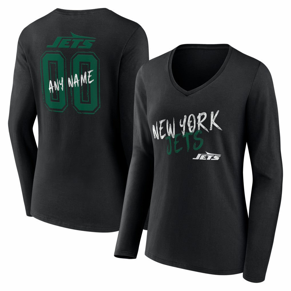 New York Jets Women's Hustle Personalized Name & Number Long Sleeve V-Neck T-Shirt - Black - NFL
