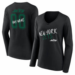 New York Jets Women's Hustle Personalized Name & Number Long Sleeve V-Neck T-Shirt - Black - NFL