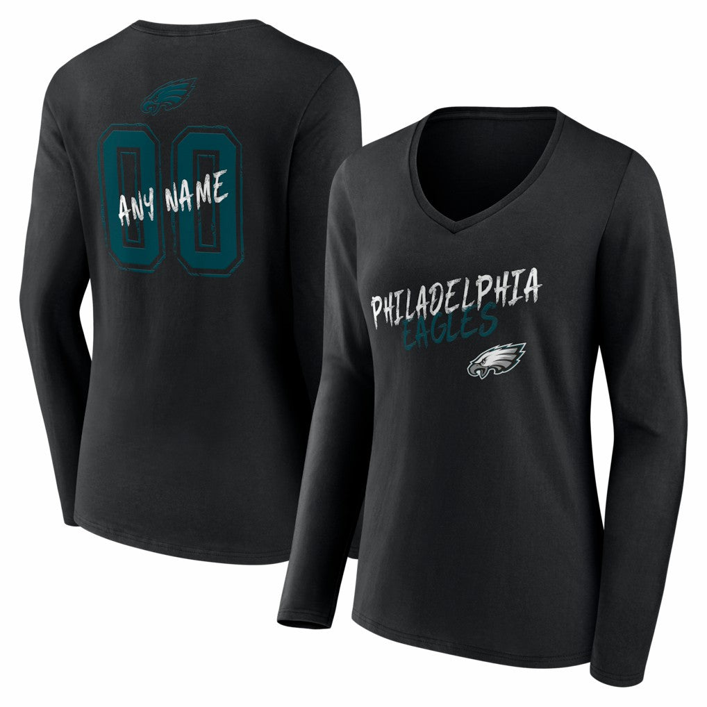 Philadelphia Eagles Women's Hustle Personalized Name & Number Long Sleeve V-Neck T-Shirt - Black - NFL