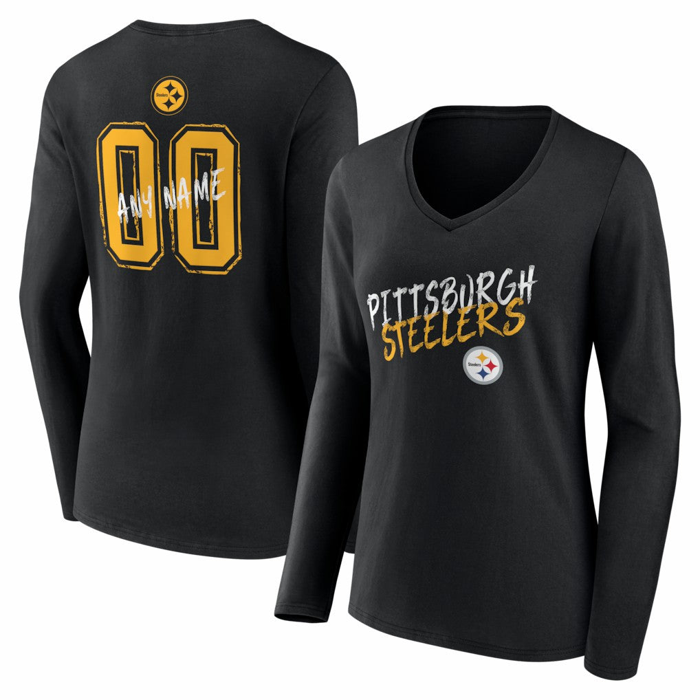 Pittsburgh Steelers Women's Hustle Personalized Name & Number Long Sleeve V-Neck T-Shirt - Black - NFL