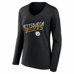 Pittsburgh Steelers Women's Hustle Personalized Name & Number Long Sleeve V-Neck T-Shirt - Black - NFL