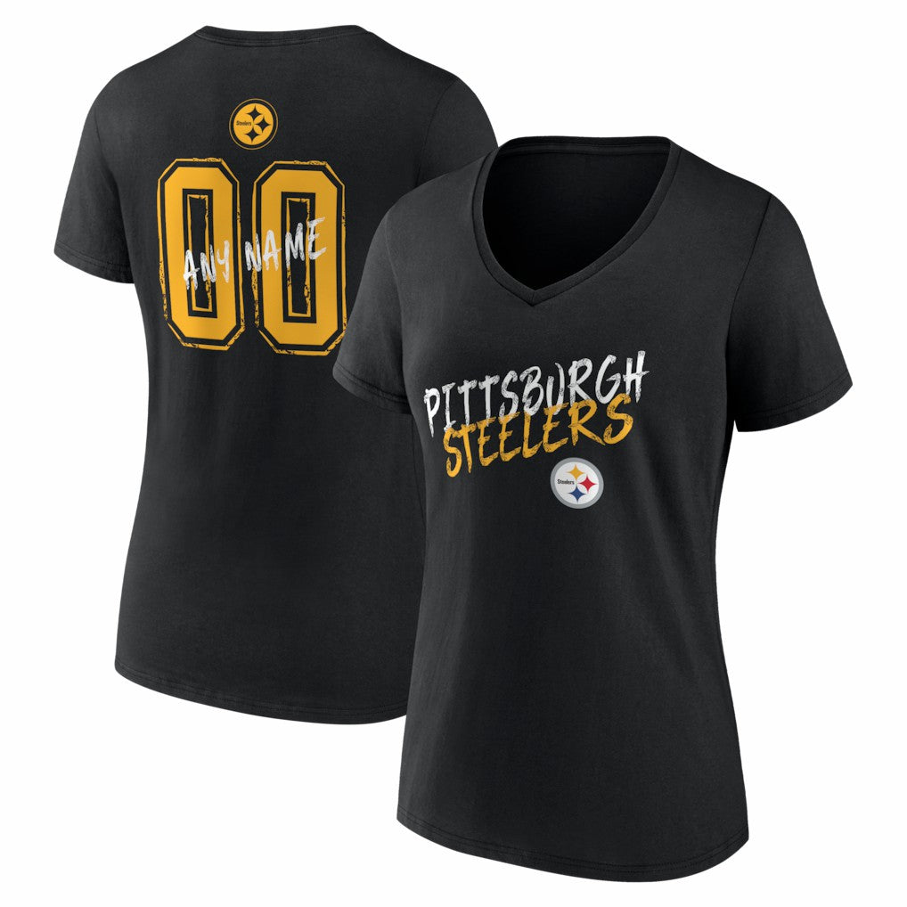 Pittsburgh Steelers Women's Hustle Personalized Name & Number V-Neck T-Shirt - Black - NFL