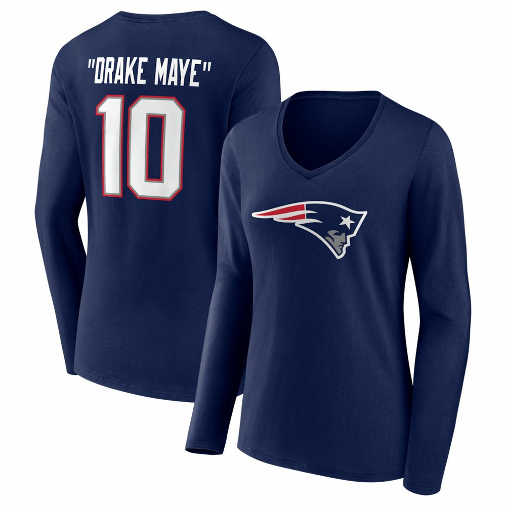 Drake Maye New England Patriots Women's Nickname V-Neck Long Sleeve T-Shirt - Navy - NFL