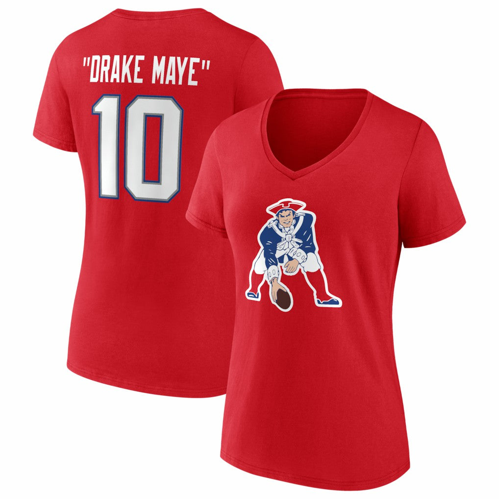 Drake Maye New England Patriots Women's Nickname V-Neck T-Shirt - Red - NFL