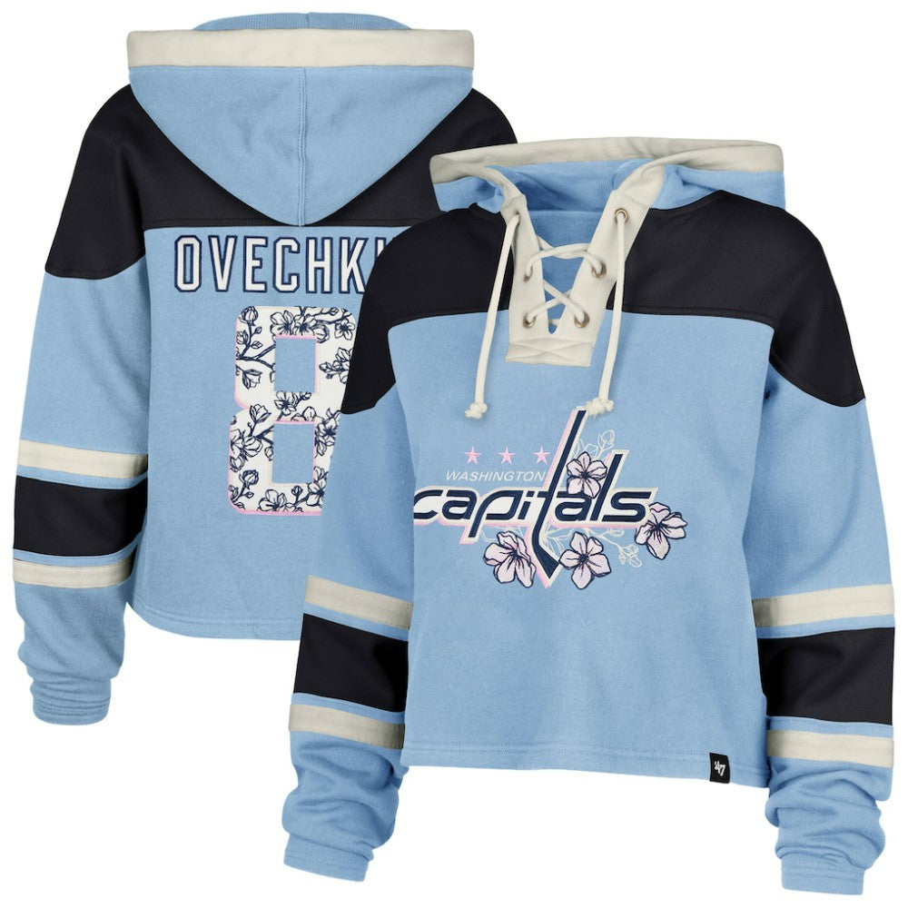 Alexander Ovechkin Washington Capitals '47 Women's Cherry Blossom Superior Lacer Cropped Pullover Hoodie - Light Blue | 47 brand on sale