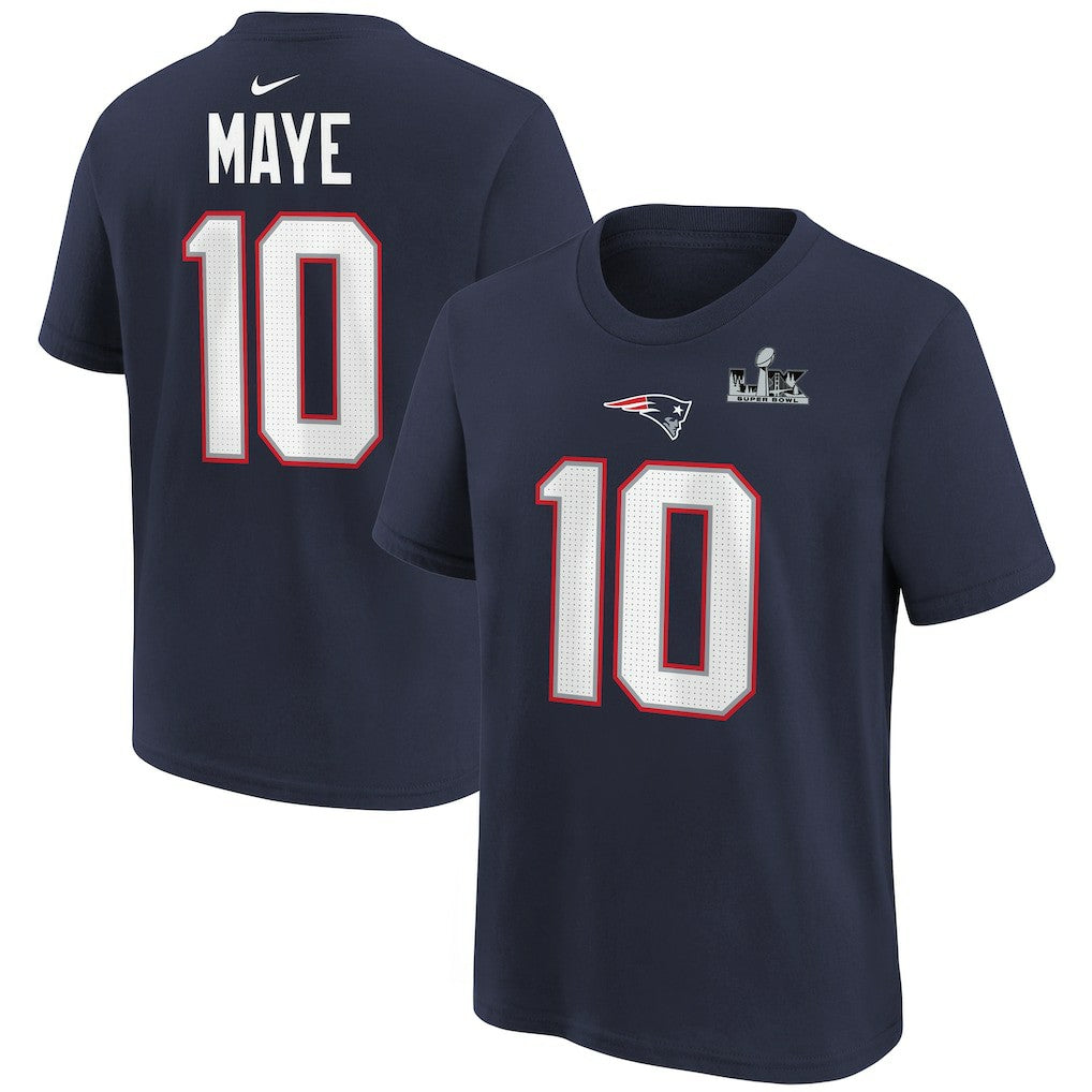 Drake Maye New England Patriots Youth Super Bowl LX Patch Name & Number T-Shirt - Navy - Nike