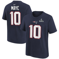 Drake Maye New England Patriots Youth Super Bowl LX Patch Name & Number T-Shirt - Navy - Nike