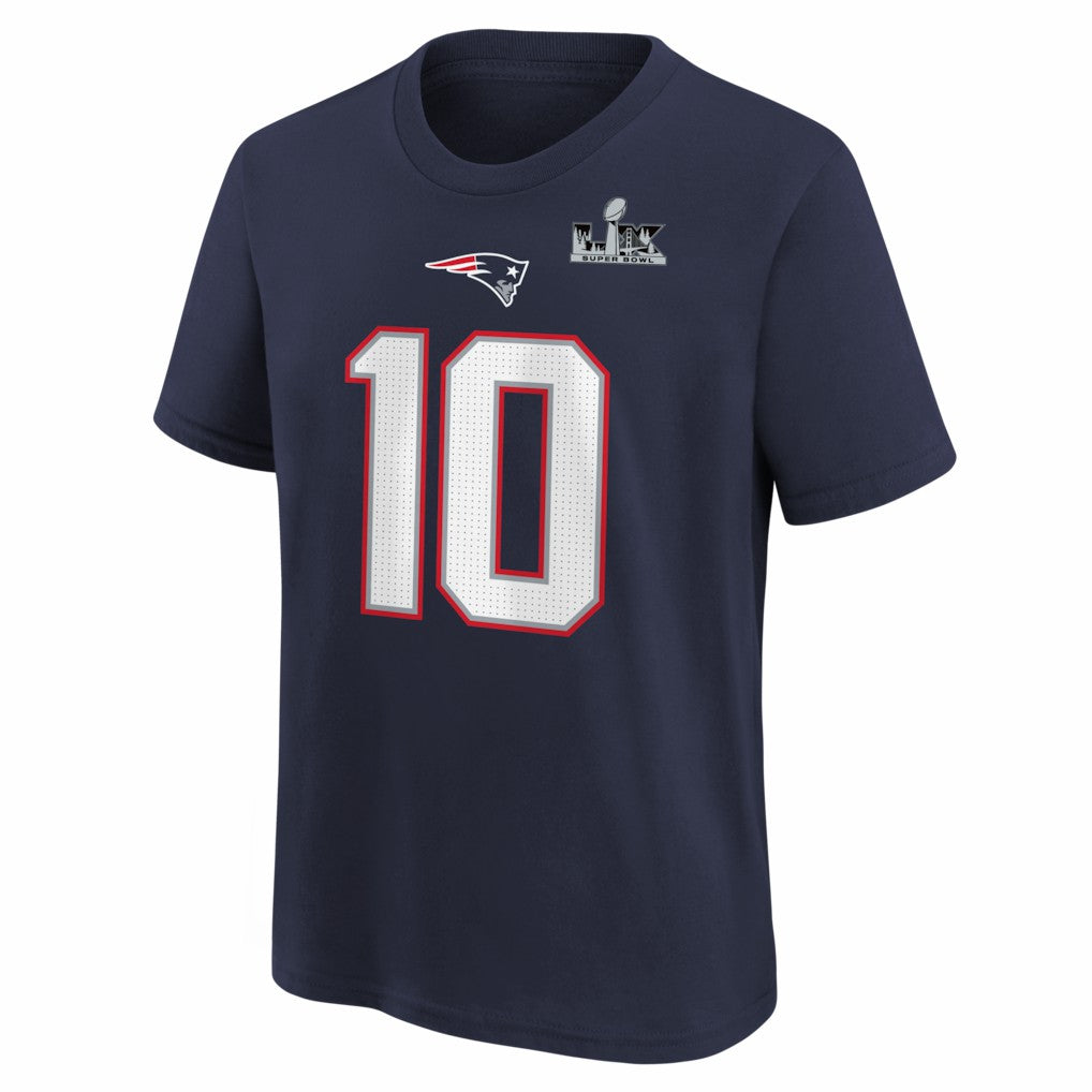Drake Maye New England Patriots Youth Super Bowl LX Patch Name & Number T-Shirt - Navy - Nike