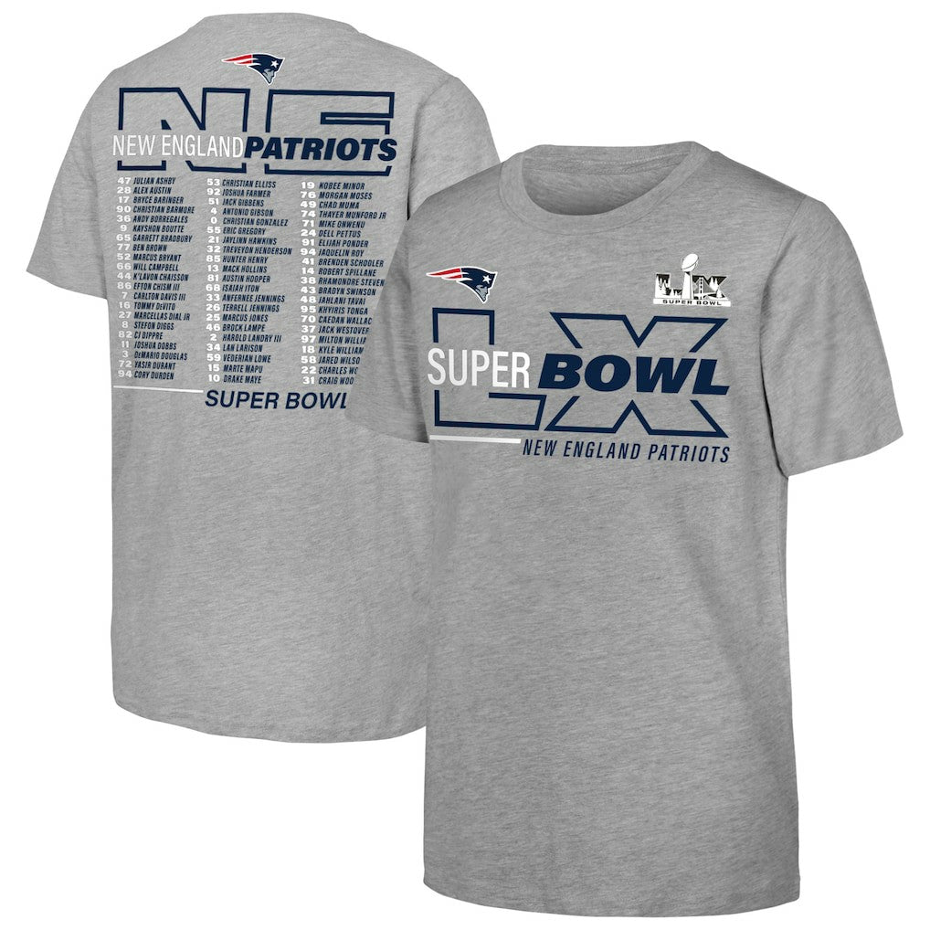 New England Patriots Youth Super Bowl LX Roster T-Shirt - Heather Gray - Fanatics