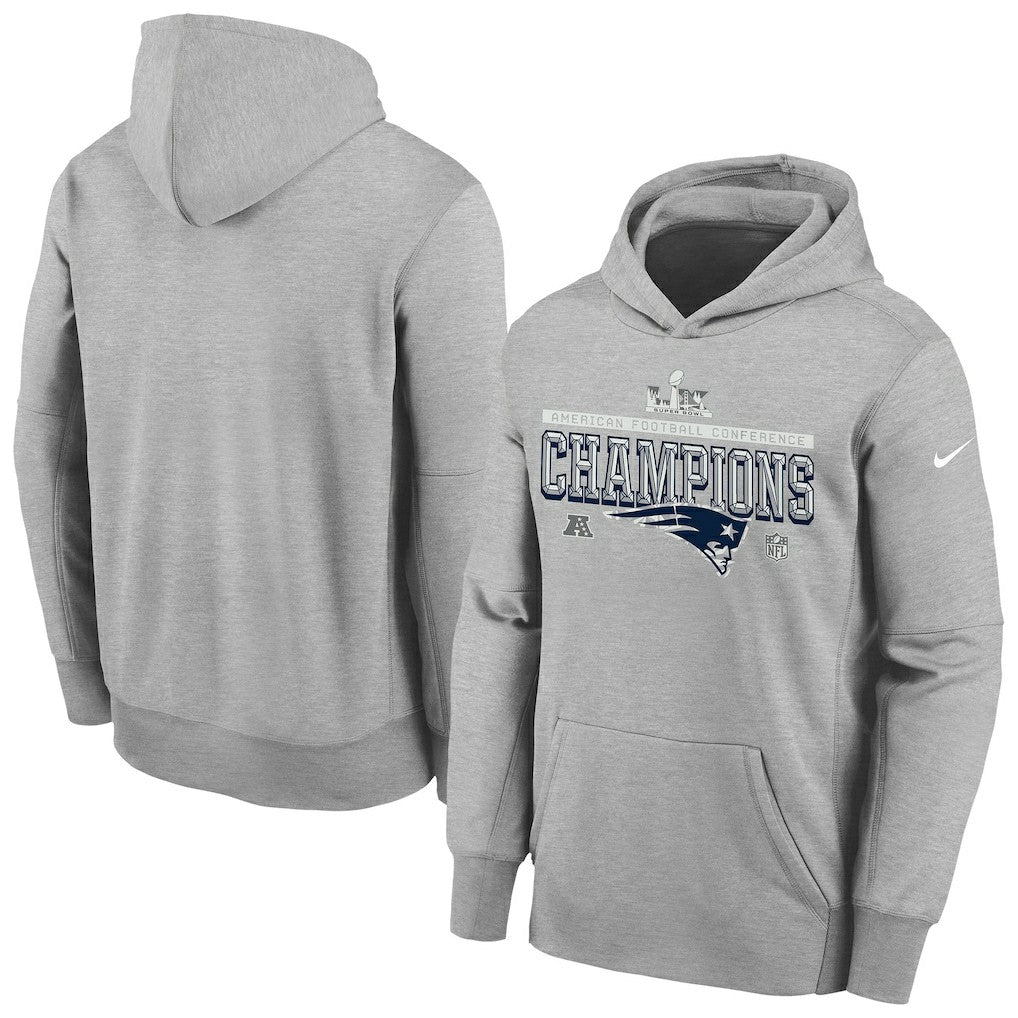 New England Patriots Youth 2025 AFC Champions Locker Room Trophy Collection Authentic Hoodie - Gray - Nike