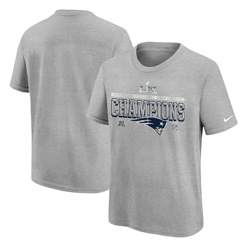 New England Patriots Youth 2025 AFC Champions Locker Room Trophy Collection Authentic T-Shirt - Gray - Nike