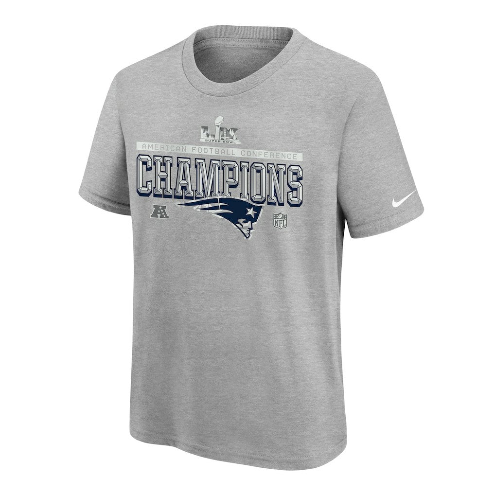 New England Patriots Youth 2025 AFC Champions Locker Room Trophy Collection Authentic T-Shirt - Gray - Nike