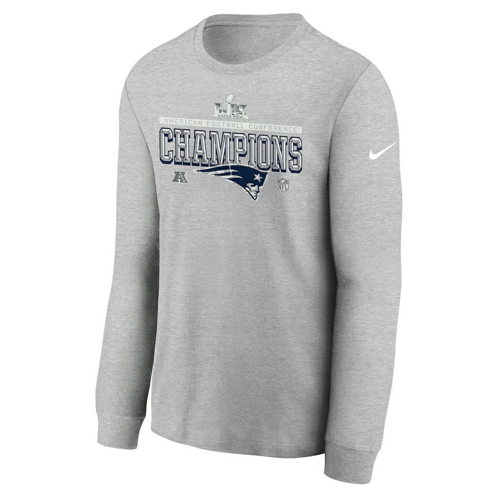 New England Patriots Youth 2025 AFC Champions Locker Room Trophy Collection Long Sleeve T-Shirt - Gray - Nike