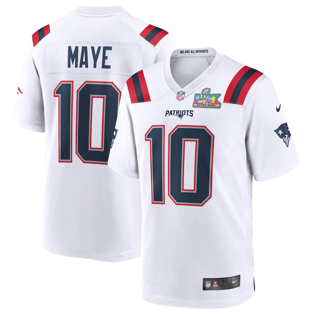 Drake Maye New England Patriots Super Bowl LX Patch Game Jersey - White - Nike