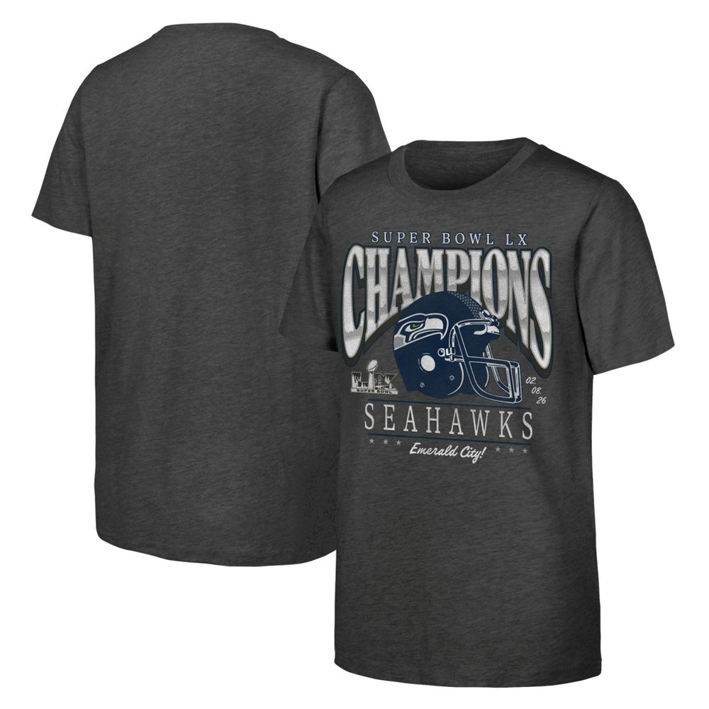 Seattle Seahawks Youth Super Bowl LX Champions Prestigious Run Helmet T-Shirt - Charcoal - Fanatics
