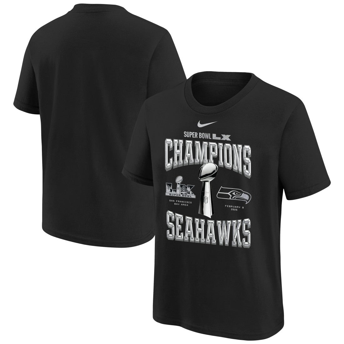 Seattle Seahawks Youth Super Bowl LX Champions Locker Room Trophy Collection Replica T-Shirt - Black - Nike