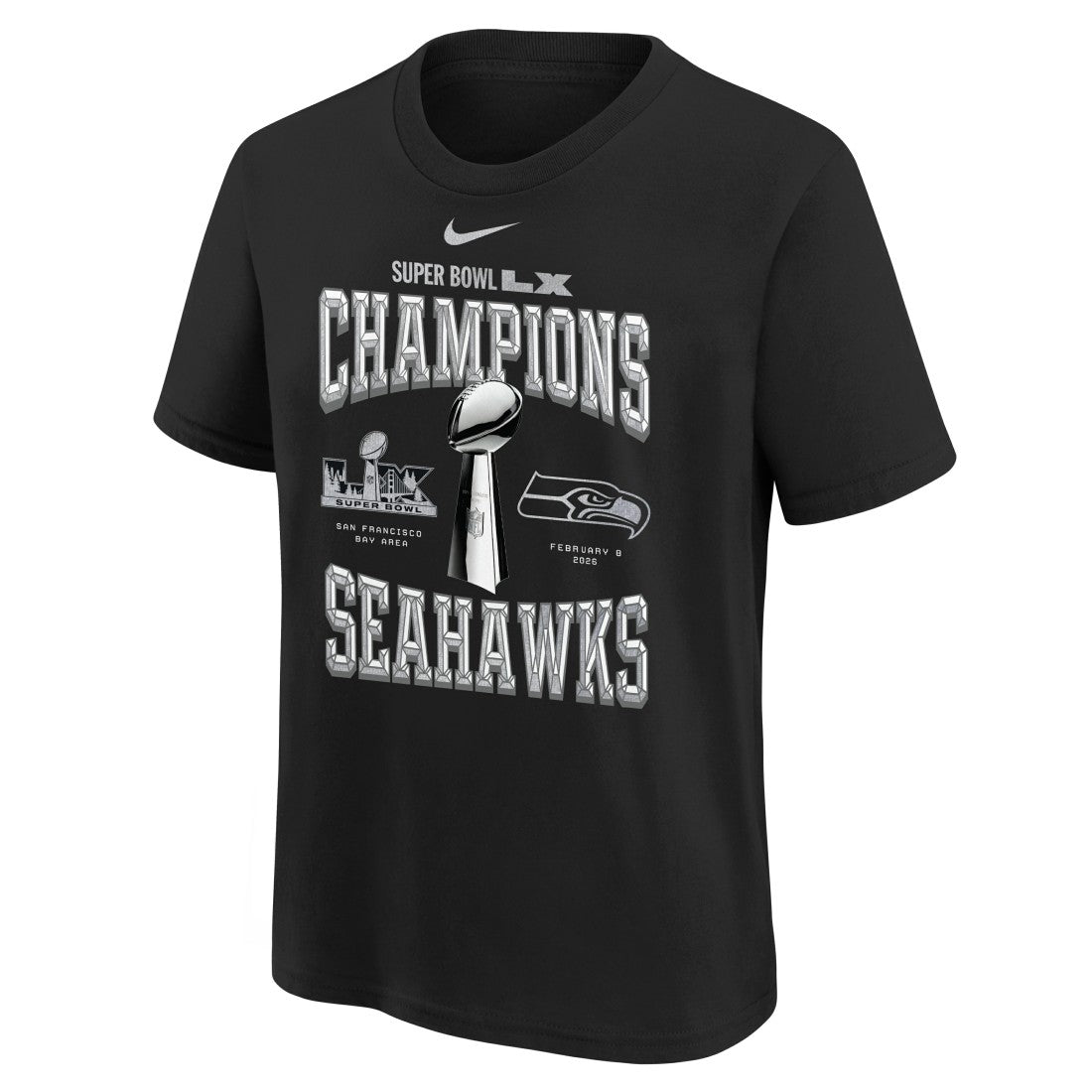 Seattle Seahawks Youth Super Bowl LX Champions Locker Room Trophy Collection Replica T-Shirt - Black - Nike