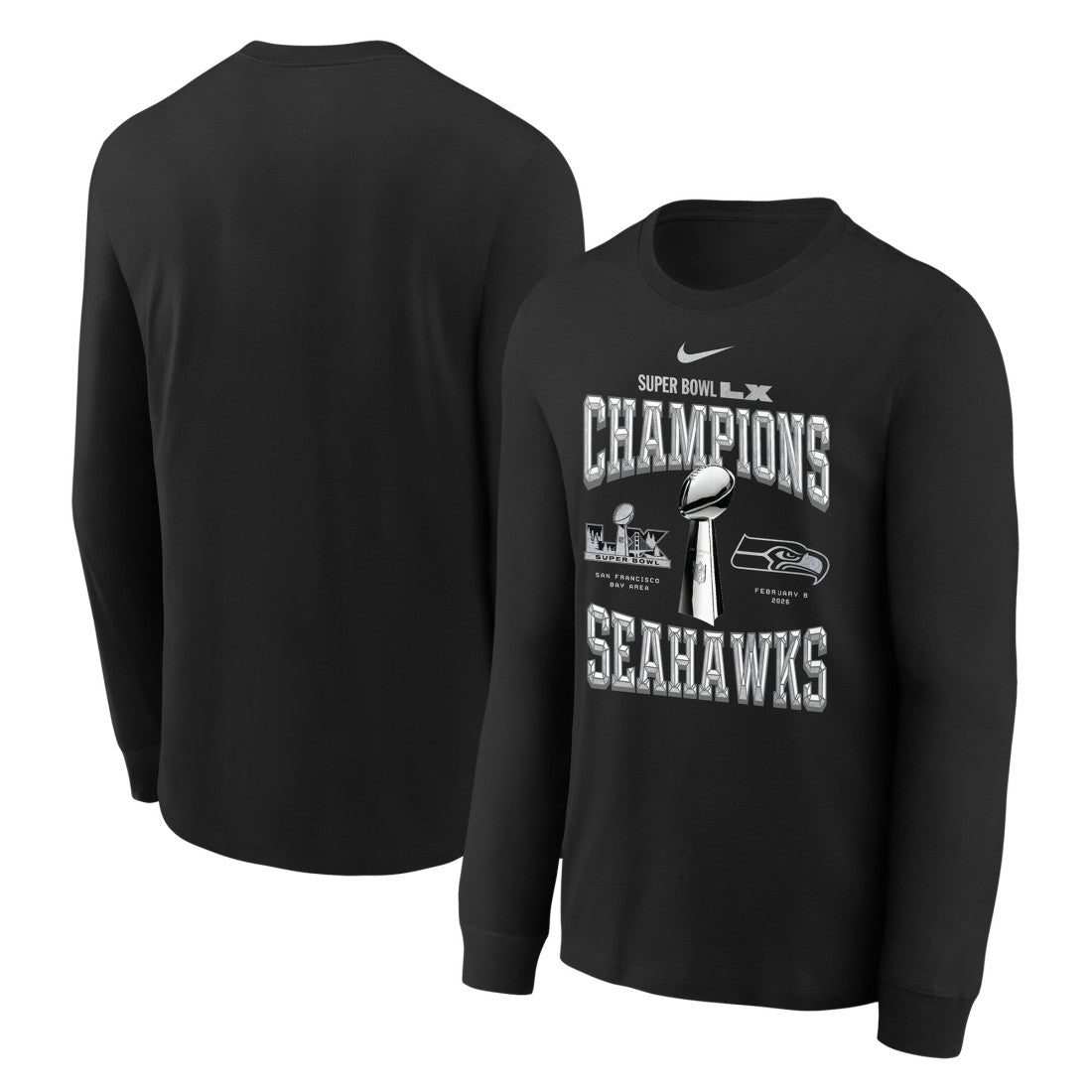 Seattle Seahawks Youth Super Bowl LX Champions Locker Room Trophy Collection Long Sleeve T-Shirt - Black - Nike