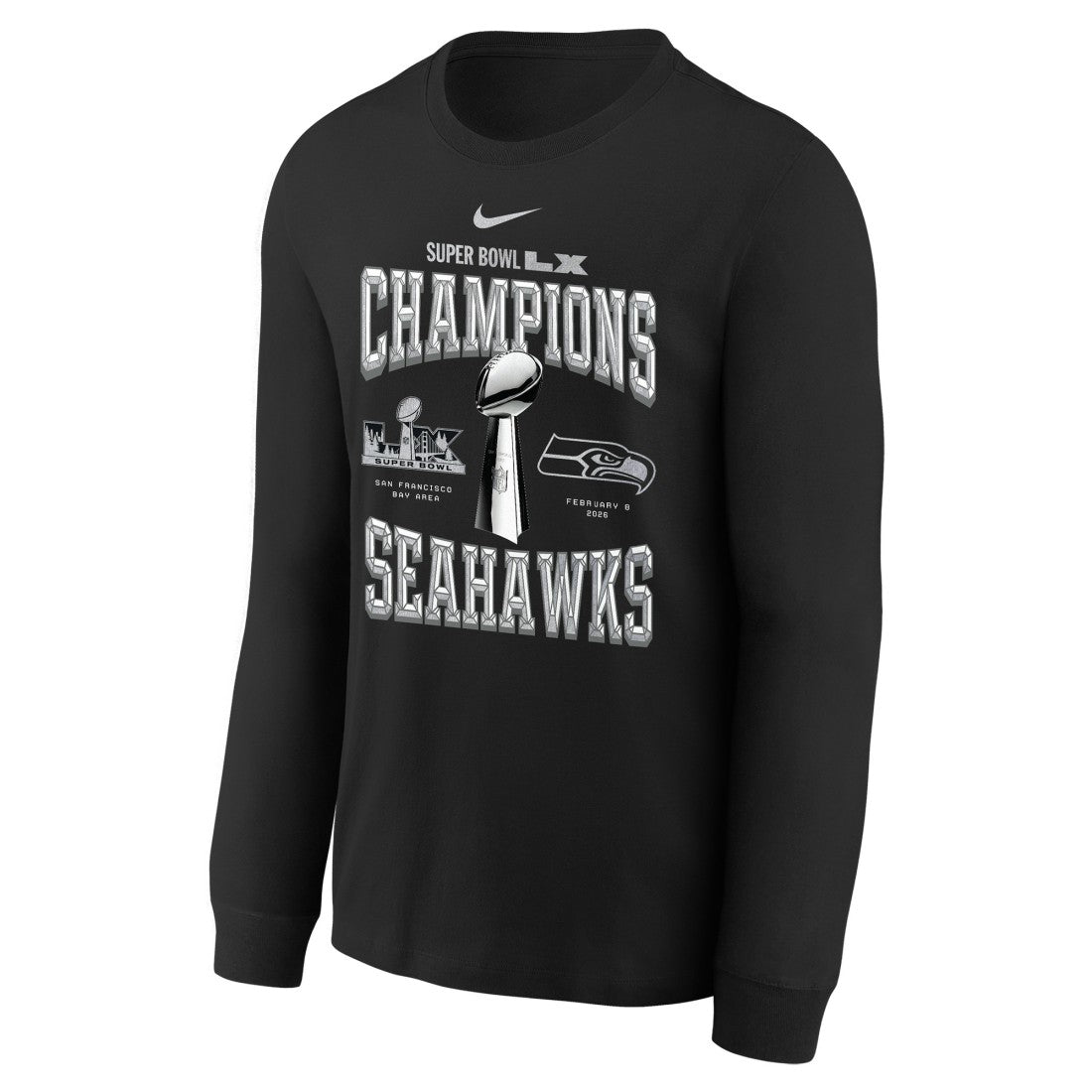 Seattle Seahawks Youth Super Bowl LX Champions Locker Room Trophy Collection Long Sleeve T-Shirt - Black - Nike