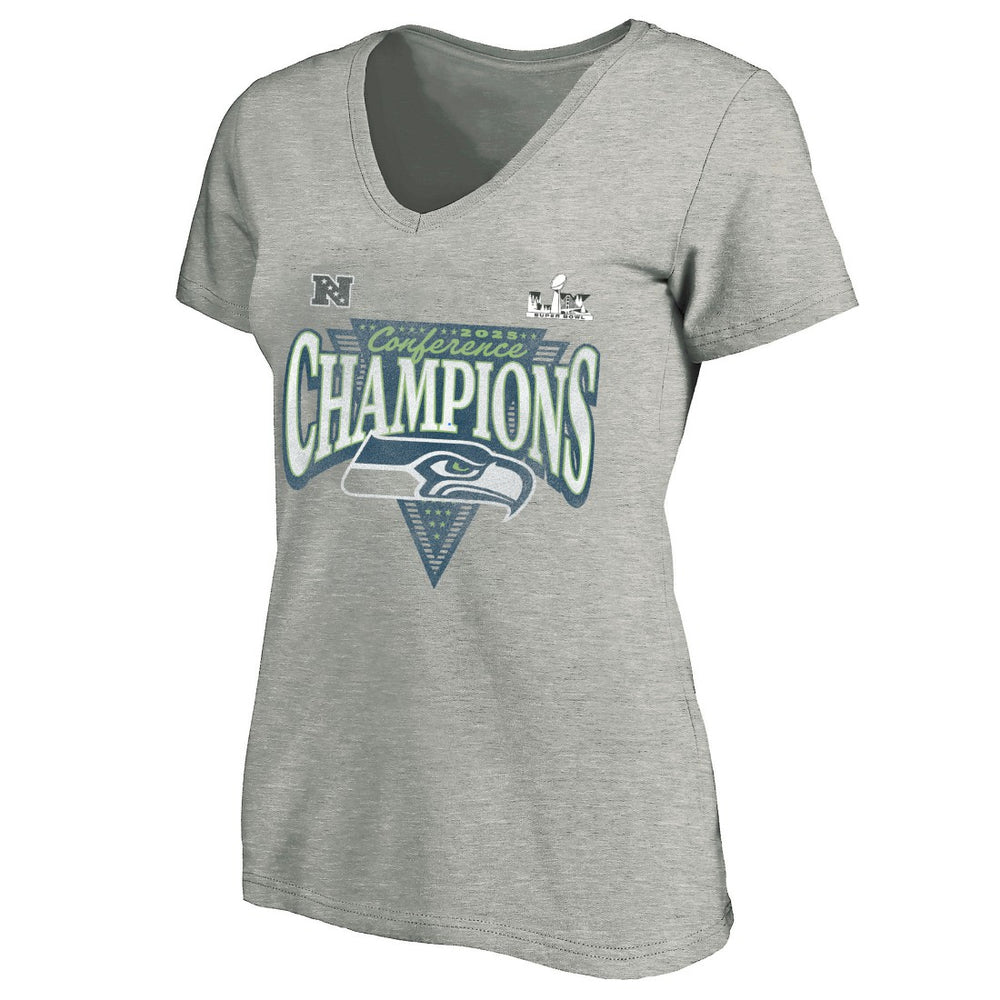 Seattle Seahawks Women's 2025 NFC Champions Plus Size Hail Mary Tri-Blend V-Neck T-Shirt - Heather Gray - Fanatics