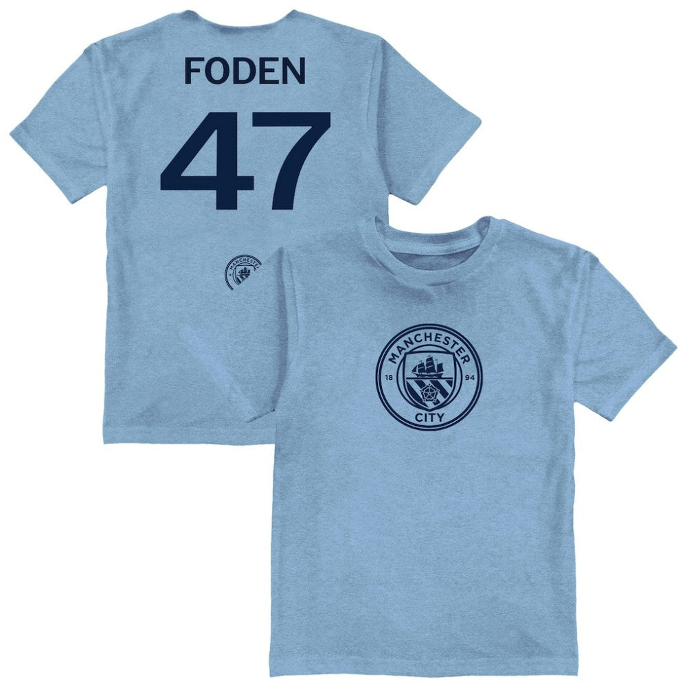 Phil Foden Manchester City Vive La Fete Youth Player Name & Number Color Badge T-Shirt Light Blue