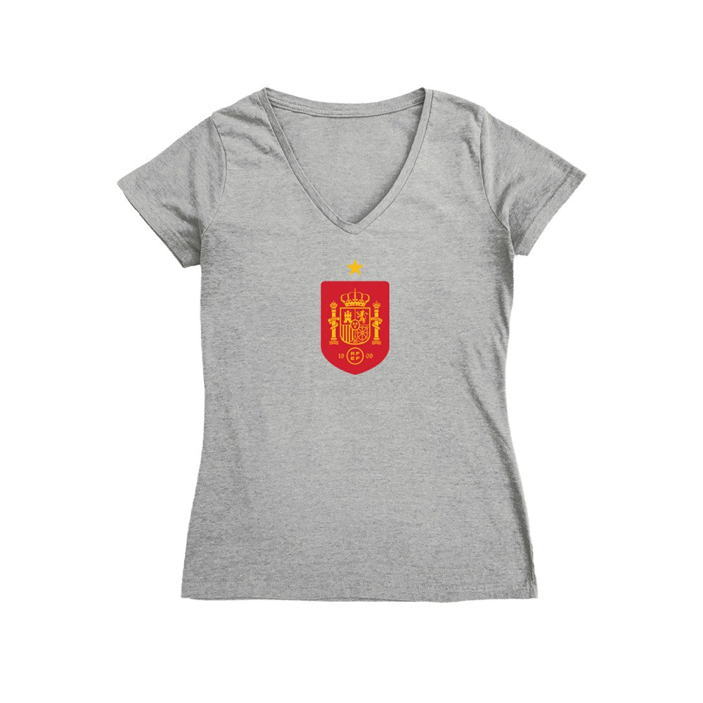 Spain National Team Vive La Fete Women's Color Badge V-Neck Fitted T-Shirt Gray