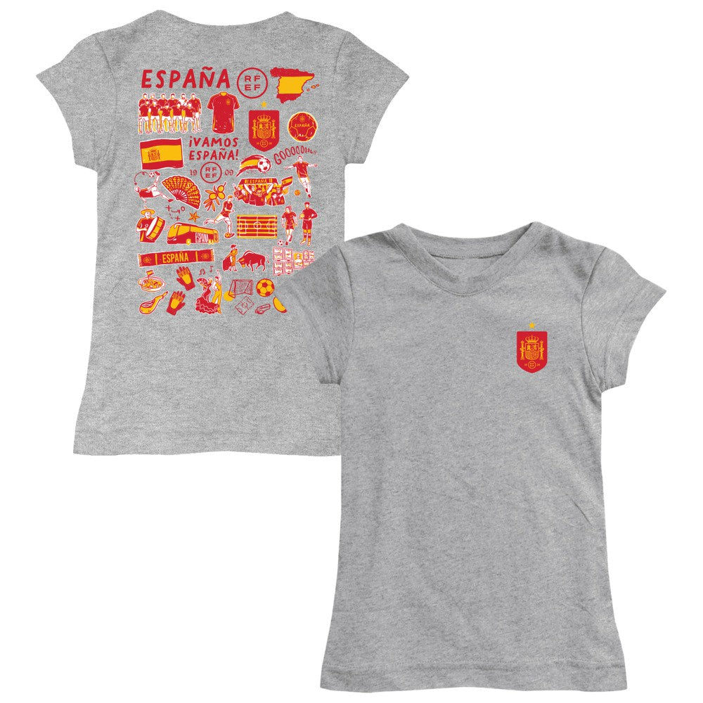 Spain National Team Vive La Fete Girls Youth Impressions Artwork Fitted T-Shirt Gray
