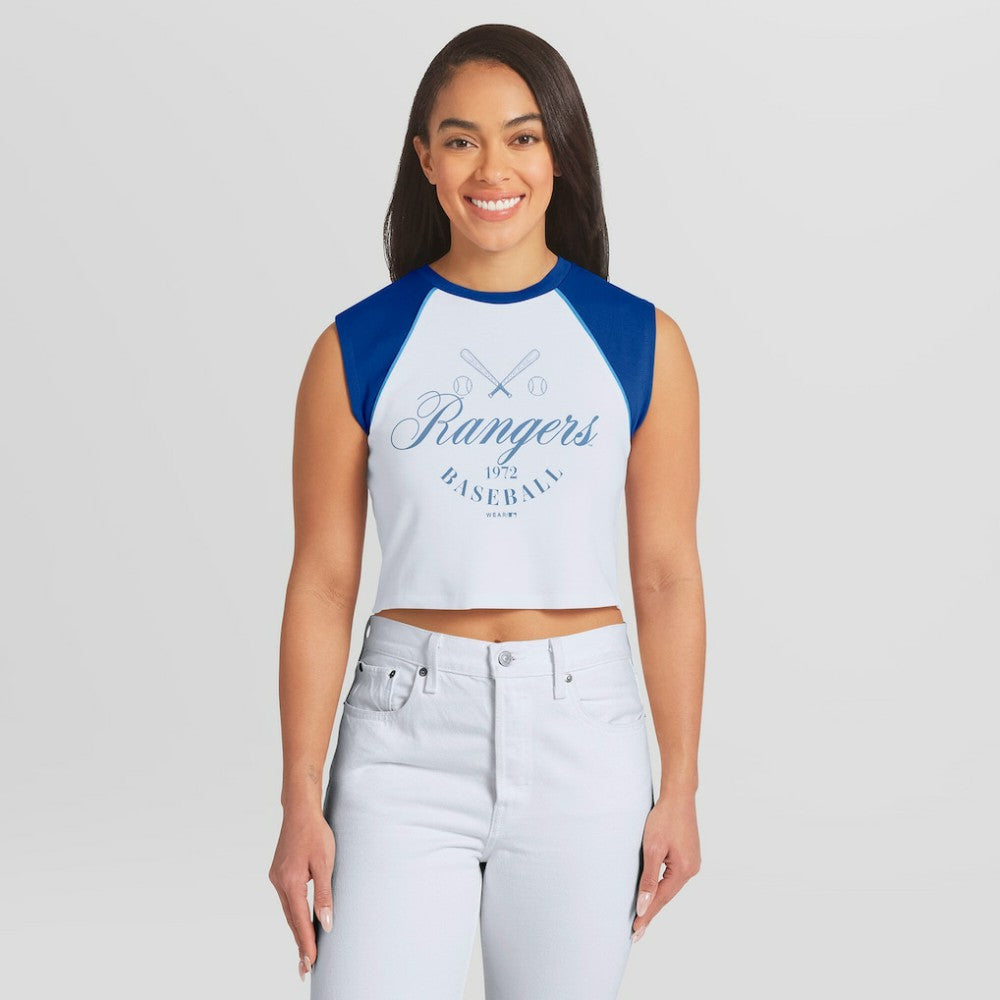 Texas Rangers WEAR by Erin Andrews Women's Cooperstown Cropped Raglan Tank Top Outlet