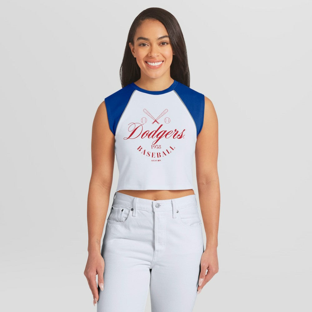 Los Angeles Dodgers WEAR by Erin Andrews Women's Cooperstown Cropped Raglan Tank Top for sale