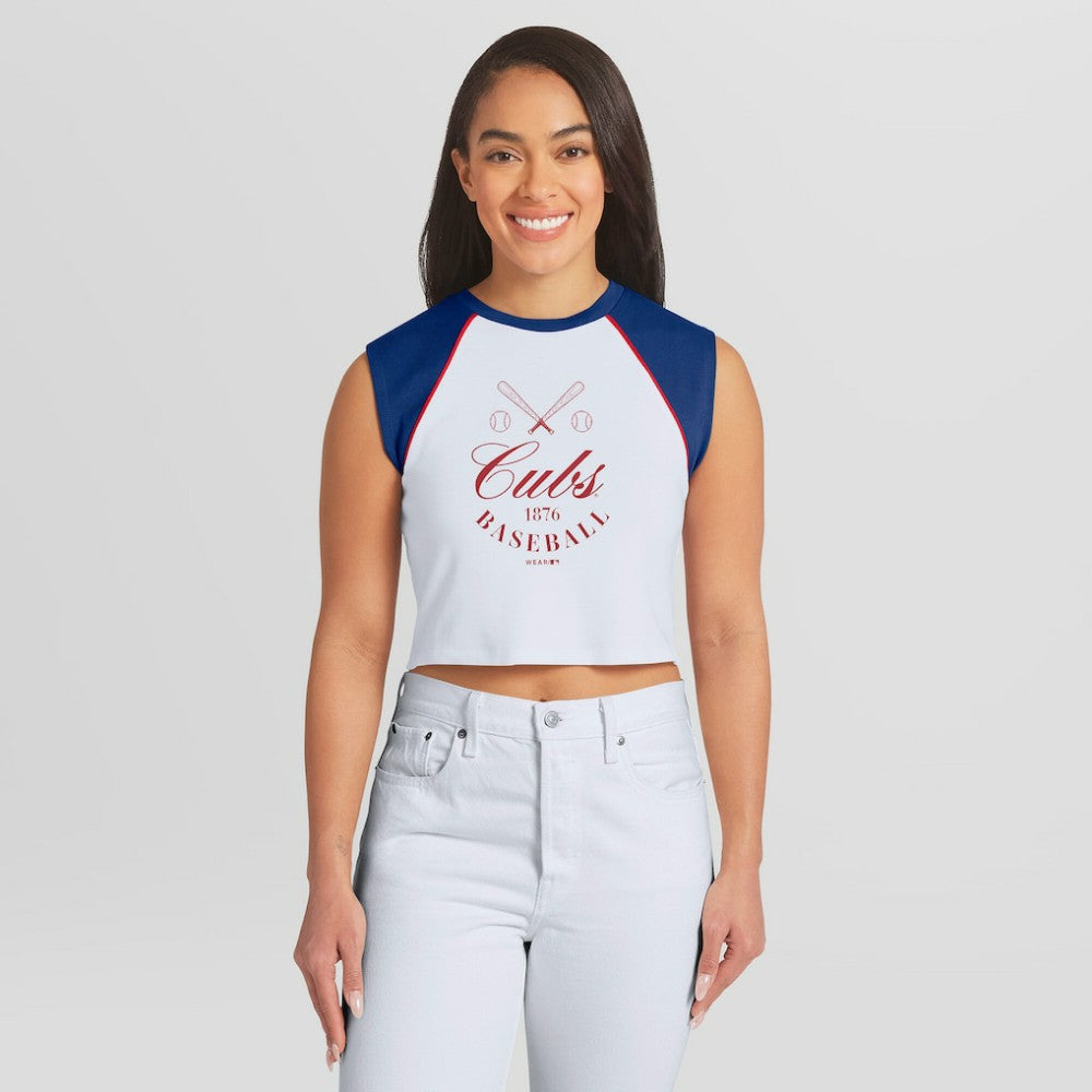 Chicago Cubs WEAR by Erin Andrews Women's Cooperstown Cropped Raglan Tank Top Discount