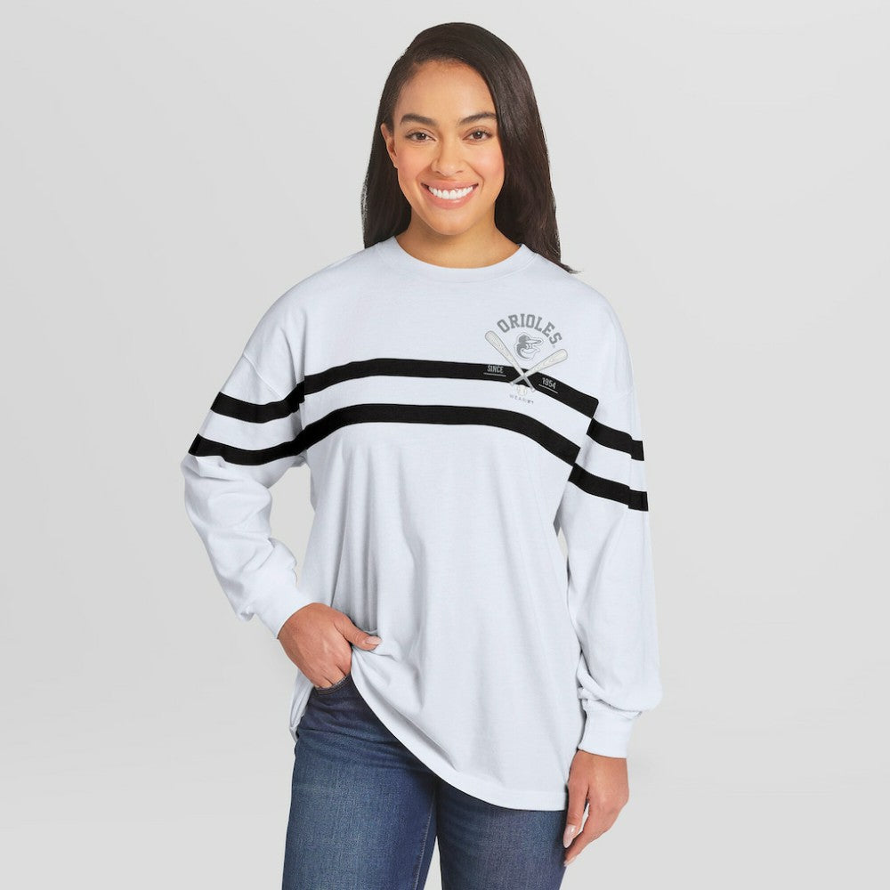 Baltimore Orioles WEAR by Erin Andrews Women's Oversized Long Sleeve Striped T-Shirt Discount